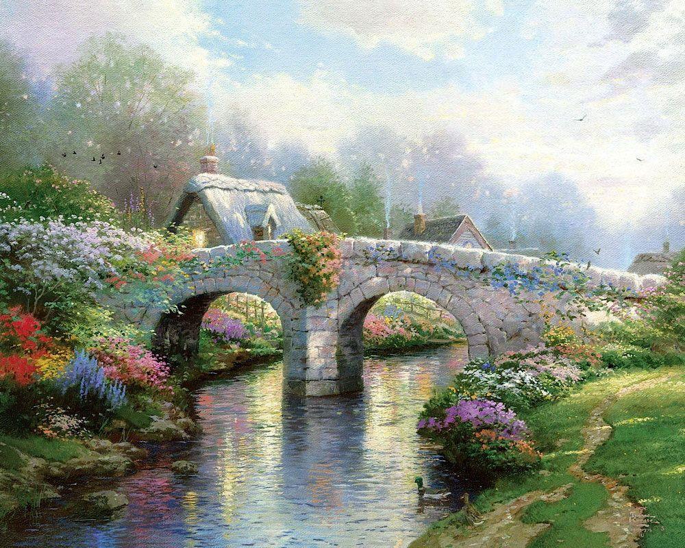 Pont des fleurs Thomas Kinkade Peintures à l'huile